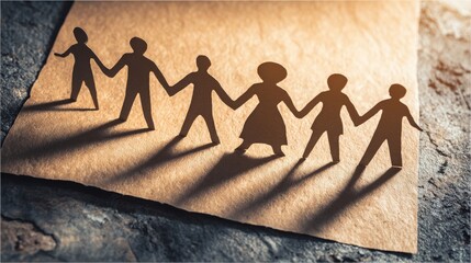 Paper Chain Unity Brown Paper Cutout Figures Holding Hands, Teamwork Concept, Shadow Photography Teamwork, Community