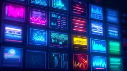 Immersive digital environment showcasing complex data visualization screens with dynamic graph, wave, and statistical displays in vibrant neon color spectrum. Static wide-angle composition - Powered by Adobe