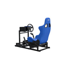 a blue racing simulator cockpit with a black frame, isolated on a white background, with no background, shadows, reflections, text