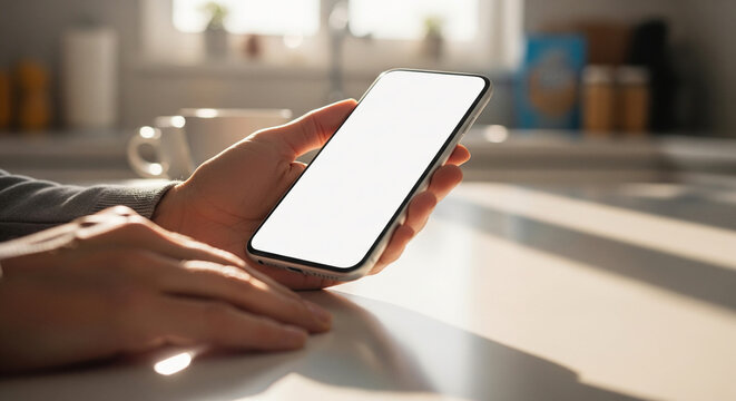 Woman's hands holding a modern smartphone with a blank white screen for app mockups in a bright, sunlit kitchen '' perfect for tech and lifestyle concepts