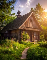 Wooden chapel nestled in a sunlit garden