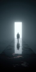 A solitary figure walks towards a bright doorway in a dimly lit, reflective corridor.