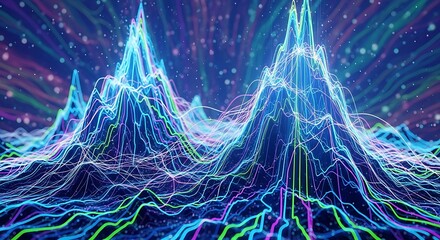 Luminous spectrum analysis rendering with flowing data patterns and particles