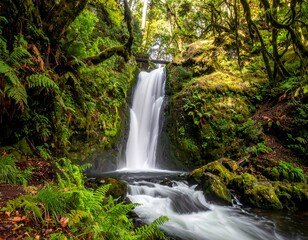 Fototapeta premium Lush waterfall cascading through a verdant forest