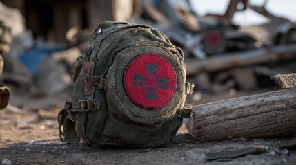Worn Military Medic Backpack with Red Emblem in Rugged Environment