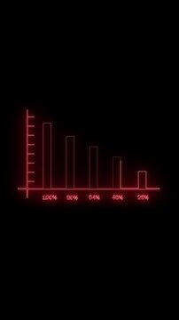 Looping red neon bar graph illustrating percentage decline vertical video. Animated neon red bar chart for finance and business data vertical video.
