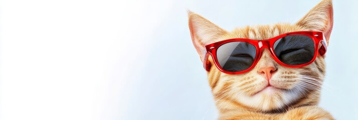 Cool Cat in Red Shades - A close-up of an orange tabby cat wearing red sunglasses. Symbolizing coolness, summer, fun, , and feline attitude