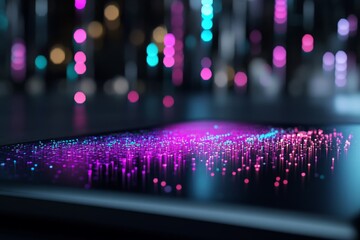 Data Stream on Tablet - Abstract of glowing pink and blue data points on a dark tablet surface, blurred city lights in background