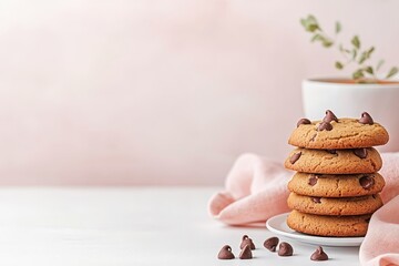 Delicious Chocolate Chip Cookies Stack - A stack of warm, gooey chocolate chip cookies on a pink napkin next to a cup of coffee. Perfect for a cozy afternoon treat