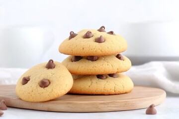 Delicious Chocolate Chip Cookies Stack - Sweet, golden, baked, chocolate, and tasty cookies symbolize comfort, happiness, indulgence, satisfaction, and homemade goodness