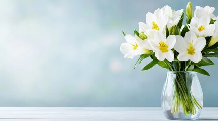 Elegant White Flowers in Glass Vase - Beautiful bouquet of white flowers in a clear glass vase on a light blue background. Perfect for spring or wedding themes