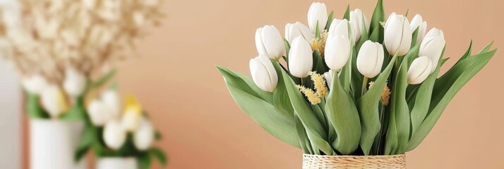Elegant White Tulips in Woven Basket - Close-up of a bouquet of white tulips in a woven basket against a peach background. Simple, elegant floral arrangement