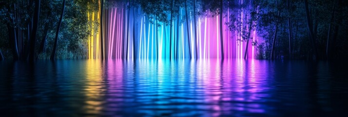 Enchanting Neon Forest Reflections - Symbolizing mystery, serenity, magic, illumination, and nature's beauty, this depicts a flooded forest at night with vibrant neon light streaks illuminating the