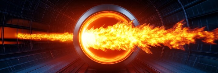 Fiery Propulsion System - A stream of intense fire erupts from a circular portal, set within a dark metallic tunnel. Suggests power, energy, and high technology