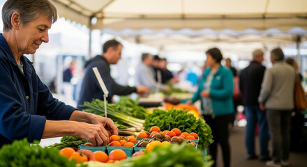 Woman small business owner selling locally grown vegetables and produce to customers at a vibrant weekend community street market