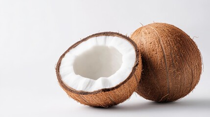 Fresh Coconut Halved and Whole - Close-up of a halved coconut and a whole coconut on a white background. Perfect for healthy food, tropical themes, and summer vibes