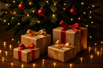 Neatly Wrapped Christmas Gifts with Red and Gold Ribbons under Festive Tree – AI Generated