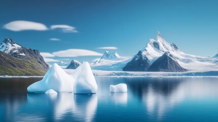 Glacial Lake and Mountain Landscape - Stunning view of icebergs floating on a calm glacial lake with snow-capped mountains in the background. A serene and beautiful natural scene