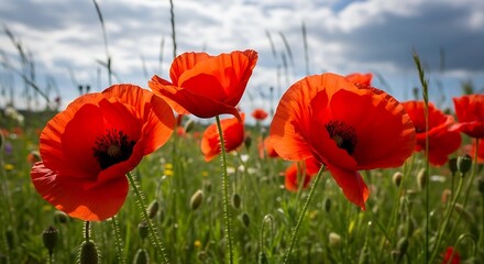 Vibrant red poppies blooming in a lush, summer meadow against a cloudy sky