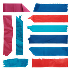 Blue and red pieces of adhesive paper tape on a simple white background, perfect for accents.