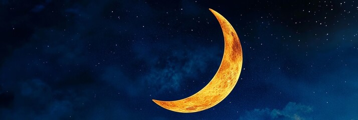 Golden Crescent Moon in Night Sky - A vibrant golden crescent moon shines brightly against a deep blue night sky scattered with stars