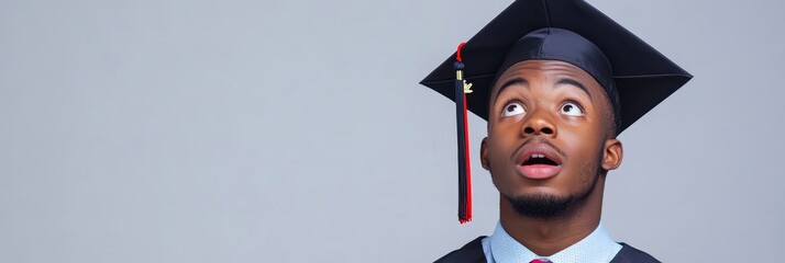 Graduate Looking Up in Awe - A young Black graduate looks upward with a surprised expression, wearing a cap and gown against a light gray background