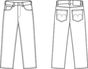Straight leg jeans CAD flat sketch, denim pants technical fashion template, unisex clothing outline vector, five pocket garment illustration, front and back design view