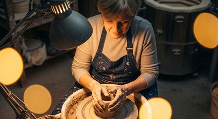 Skilled senior craftswoman artisan creating handmade ceramic pottery on a wheel in her cozy, warmly lit workshop studio