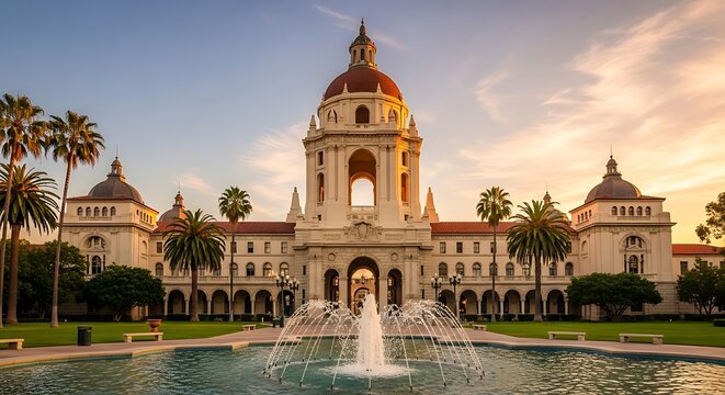 Pasadena City Hall at sunset, illuminated by golden light and fountain
