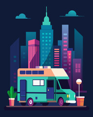 Fototapeta premium A gl RV parked in a bustling city with skyscrs and neon lights visible through the windows. Inside the freelancer works on their laptop while sipping on a fancy tail.. Vector illustration