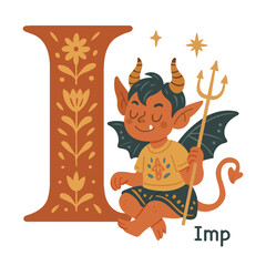Imp with floral Letter I, cozy folk style vector for alphabet learning, nursery posters, personalized initials, children’s books, flashcards, emblems, playful decor, and fantasy themed classrooms