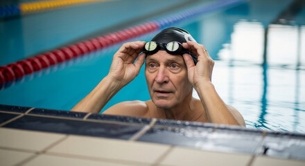 Focused senior man adjusting his goggles in the swimming pool, enjoying an active and healthy retirement lifestyle with regular exercise