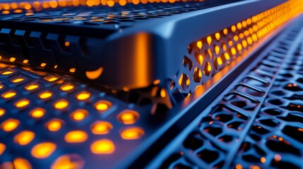 Illuminated Server Rack Technology - Close-up of a modern server rack with glowing orange lights, showcasing intricate details and advanced technology
