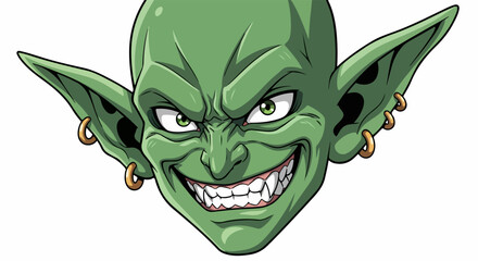 Goblin illustration of green character with pointed ears, a goblin close-up, featuring an evil grin and yellow eyes.