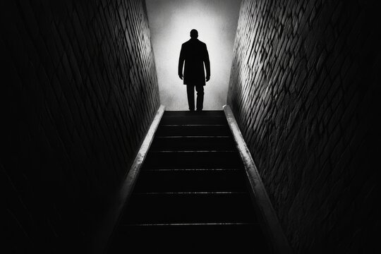Man Ascending Dark Staircase - Silhouette of a man walking up a dimly lit staircase in a brick corridor. Black and white