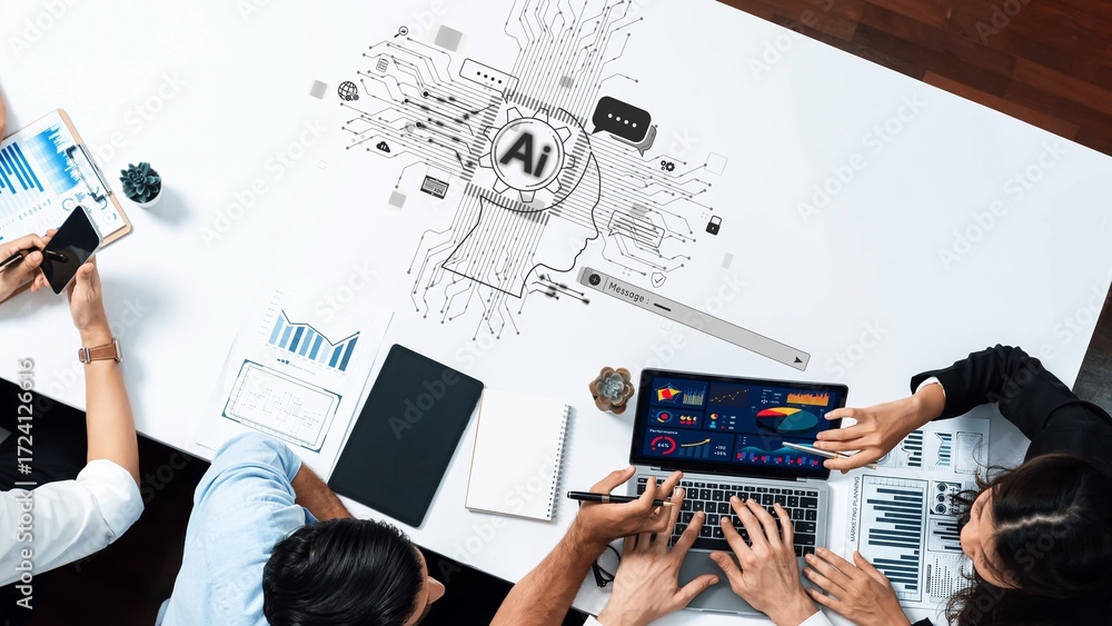 Poster a dynamic business meeting showcasing collaboration on artificial intelligence, featuring laptops, d