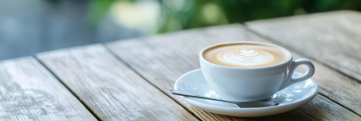 Morning Coffee on Wooden Table - A cup of latte art coffee sits on a rustic wooden table outdoors. Perfect for cafe, breakfast, or relaxation themes