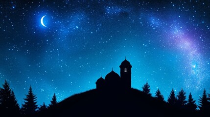 Mosque Silhouette Under Starry Night - A serene symbolizing faith, peace, spirituality, hope, and night. A mosque silhouette stands against a vibrant starry night sky