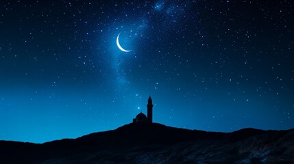 Mosque Silhouette Under Starry Night - Peaceful night scene, crescent moon, stars, mosque silhouette on hilltop, spiritual serenity, faith
