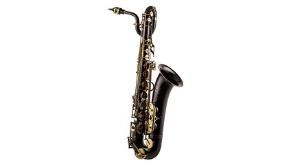 Naklejka premium A black saxophone with brass keys and mouthpiece standing against a white background in a studio shot ai generated