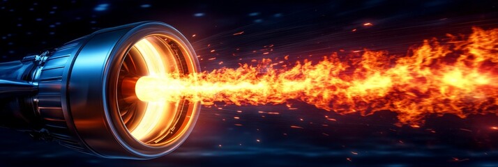 Powerful Jet Engine Thrust - Close-up of a powerful jet engine with fiery exhaust, showcasing speed and technology