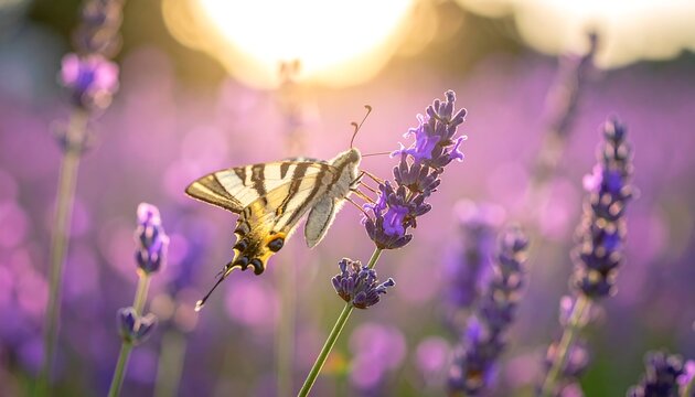 Butterfly on lavender flower at sunset
