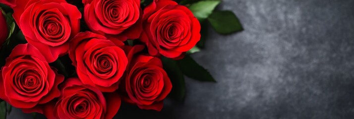 Red Roses Bouquet on Dark Background - Romantic red roses bouquet, symbolizing love, passion, beauty, elegance, and romance. Perfect for Valentine's Day or anniversary