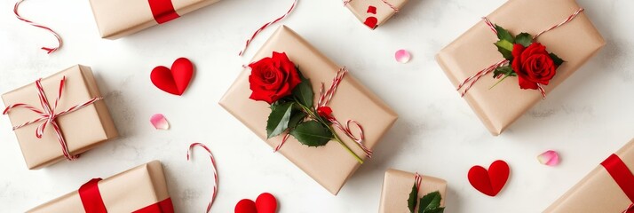 Romantic Gifts and Roses - Beautifully wrapped gifts adorned with roses and hearts, perfect for Valentine's Day or anniversary celebrations. A romantic and festive