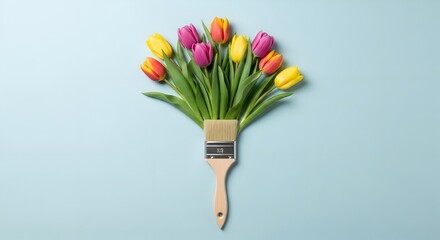 Colorful spring tulips emerging from a paintbrush on a light blue background