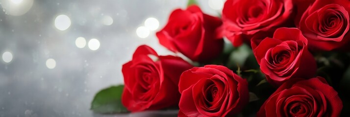 Romantic Red Roses Bouquet - A stunning close-up of a bouquet of vibrant red roses against a shimmering silver background. Perfect for Valentine's Day, anniversaries, or any romantic occasion