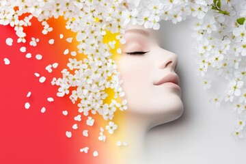 Serene Bloom: A Woman's Portrait - A woman's face, serene and peaceful, adorned with delicate white blossoms, symbolizes purity, renewal, beauty, tranquility, and nature's grace