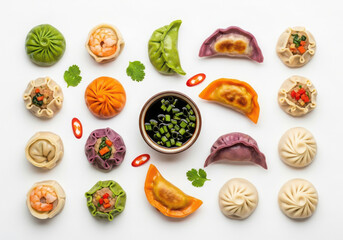 Assortment of colorful dumplings and dim sum isolated on white background