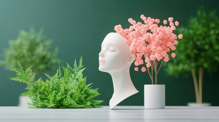 Serene Botanical Head Sculpture - White head sculpture with pink flowers and green plants, serene and peaceful aesthetic. Ideal for beauty, wellness, or spa branding