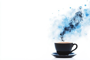 Serene Morning Coffee Steam - A black coffee cup with blue watercolor steam rising, on a white background. Perfect for relaxation and calm themes